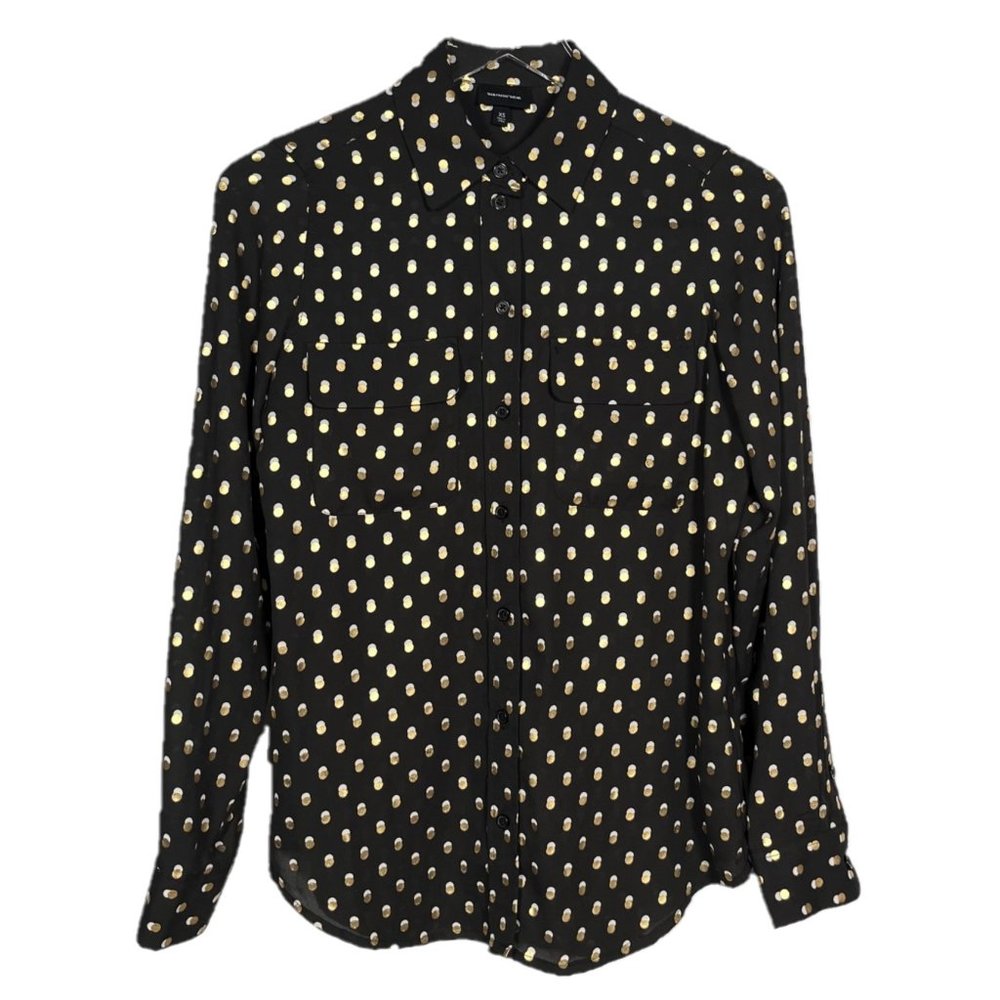 Who What Wear Black Chiffon Gold Metallic Dots Button Front Blouse Size XS